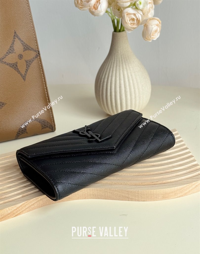 Saint Laurent Envelope Flap Long Wallet in Grained Leather All Black 2025 437469 (YY-250409051)
