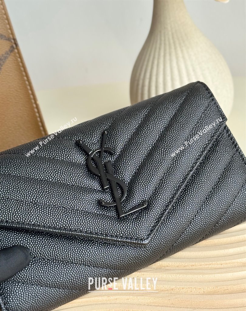 Saint Laurent Envelope Flap Long Wallet in Grained Leather All Black 2025 437469 (YY-250409051)
