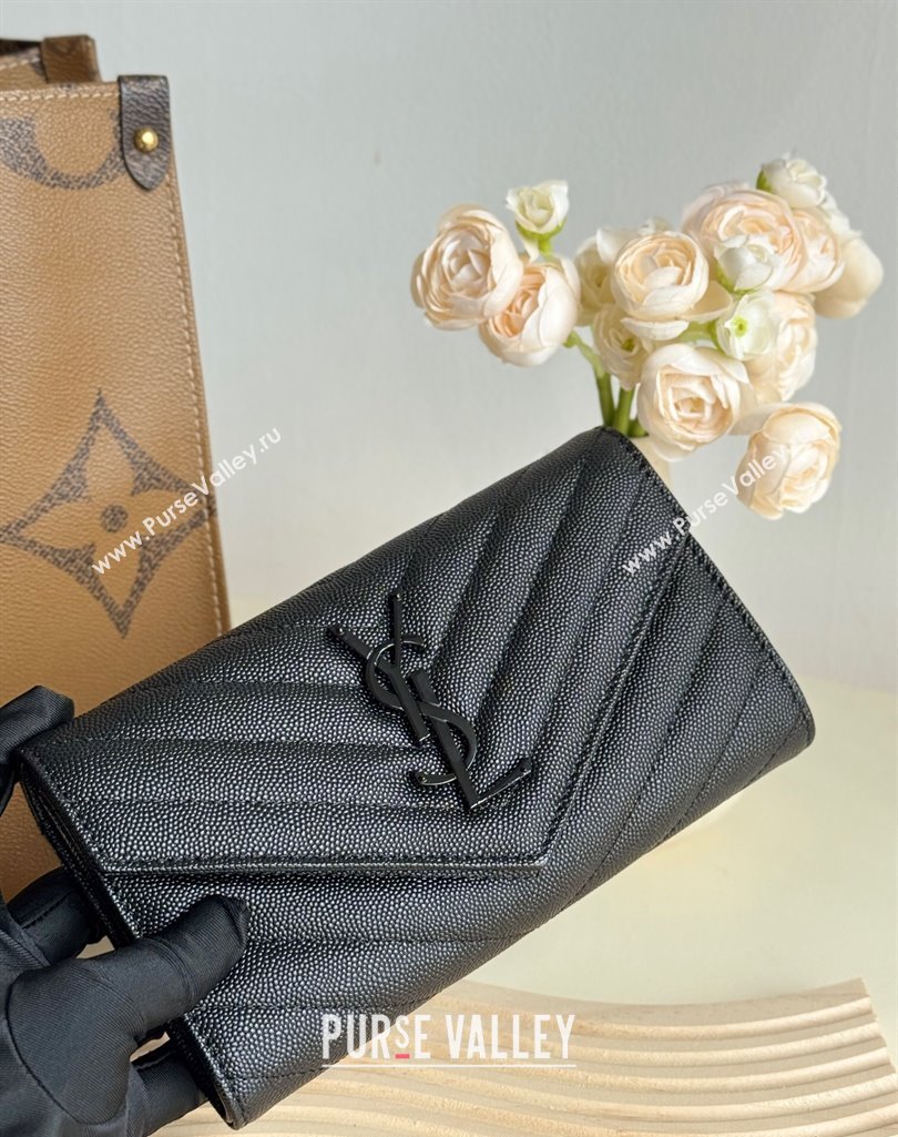 Saint Laurent Envelope Flap Long Wallet in Grained Leather All Black 2025 437469 (YY-250409051)