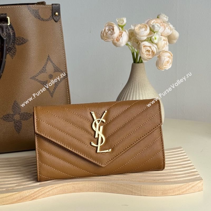Saint Laurent Envelope Flap Long Wallet in Grained Leather Brown 2025 437469 (YY-250409052)