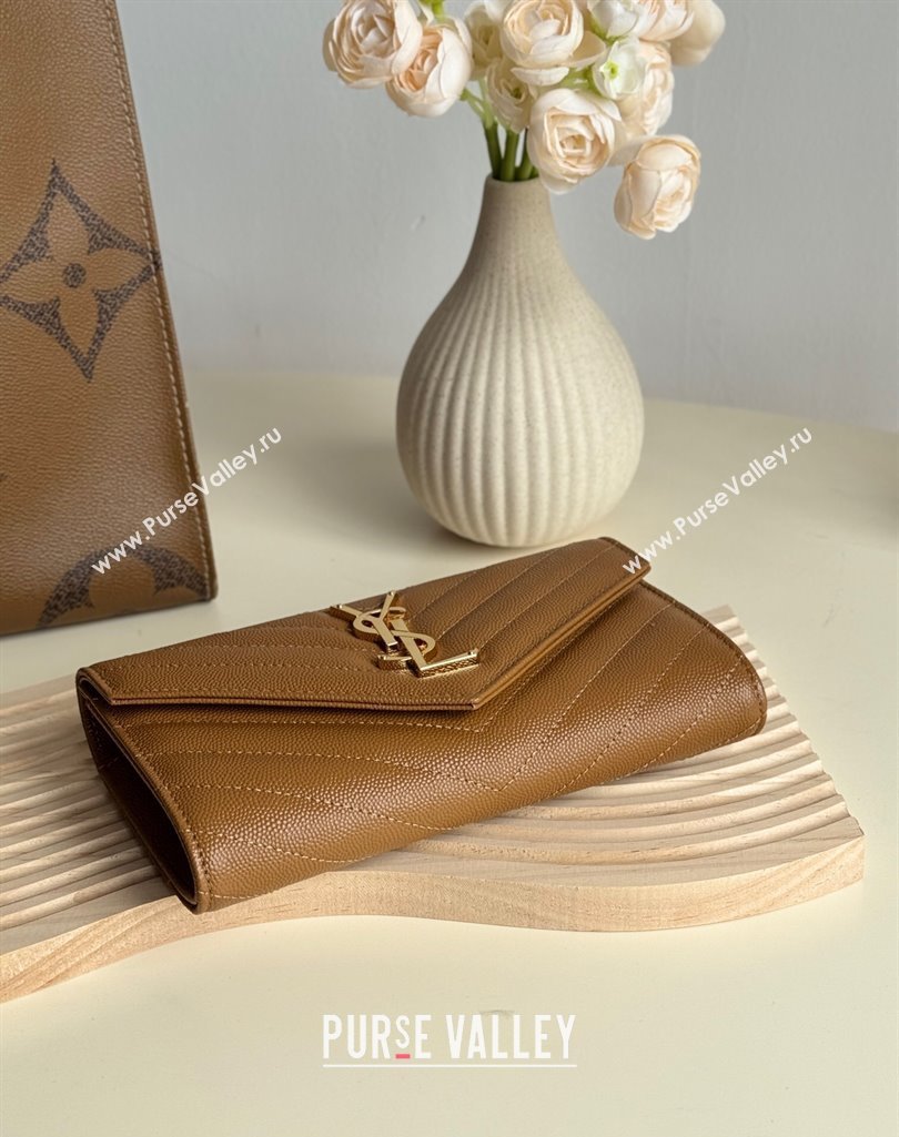 Saint Laurent Envelope Flap Long Wallet in Grained Leather Brown 2025 437469 (YY-250409052)