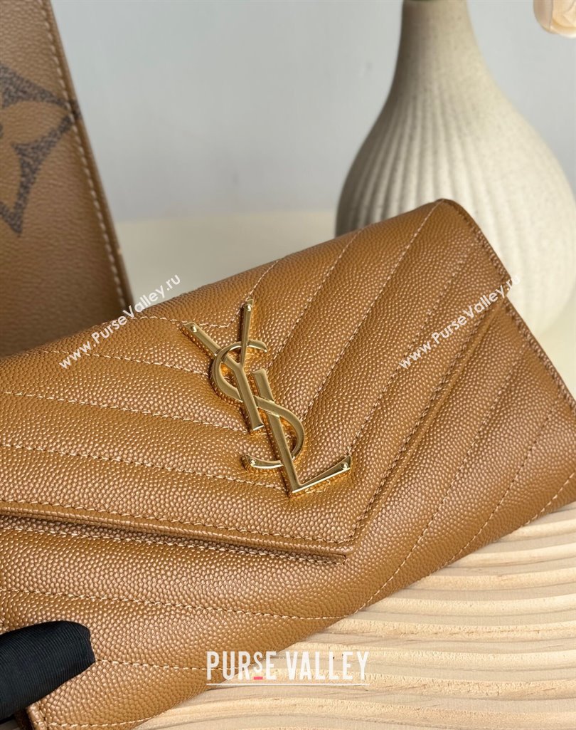 Saint Laurent Envelope Flap Long Wallet in Grained Leather Brown 2025 437469 (YY-250409052)
