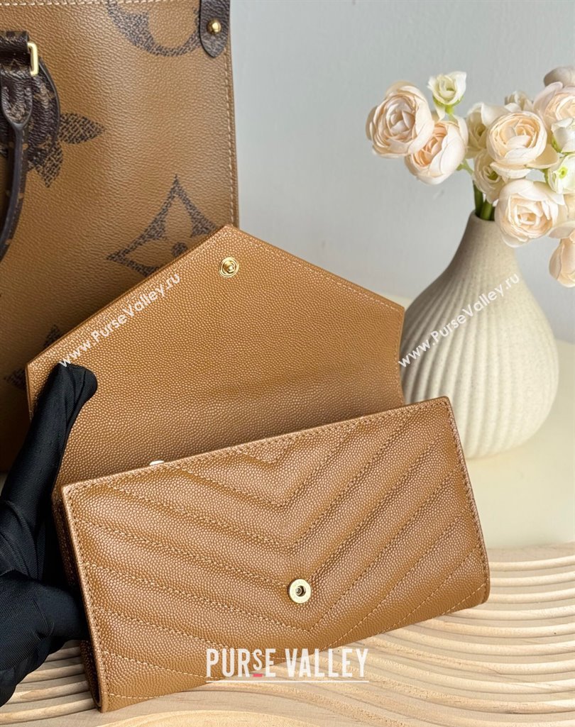 Saint Laurent Envelope Flap Long Wallet in Grained Leather Brown 2025 437469 (YY-250409052)