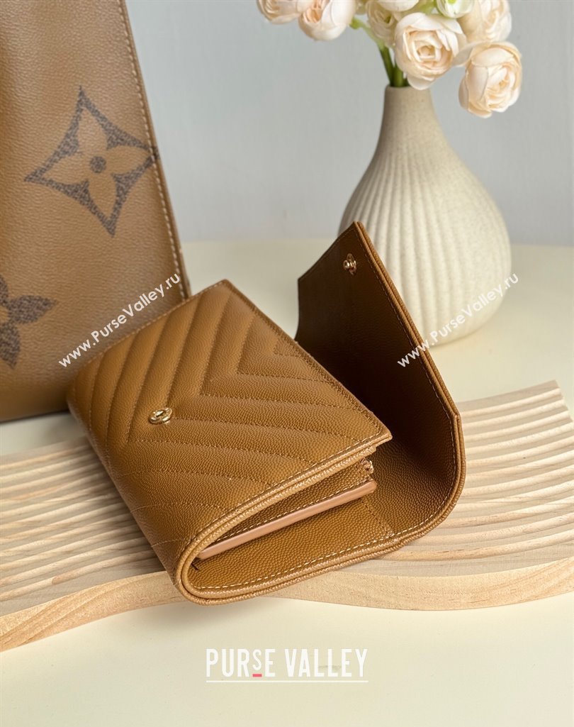 Saint Laurent Envelope Flap Long Wallet in Grained Leather Brown 2025 437469 (YY-250409052)