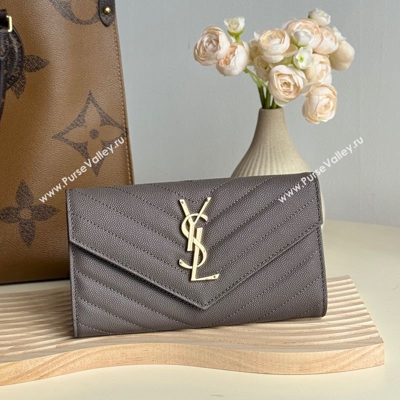 Saint Laurent Envelope Flap Long Wallet in Grained Leather Grey 2025 437469 (YY-250409053)