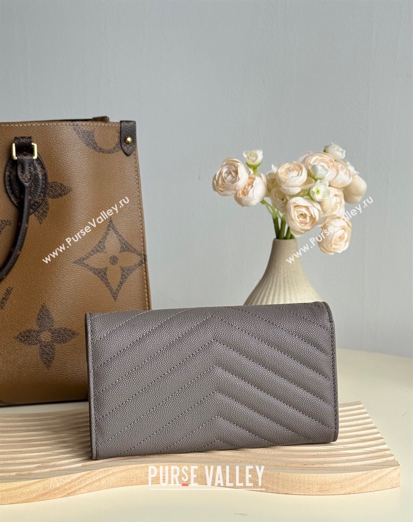 Saint Laurent Envelope Flap Long Wallet in Grained Leather Grey 2025 437469 (YY-250409053)