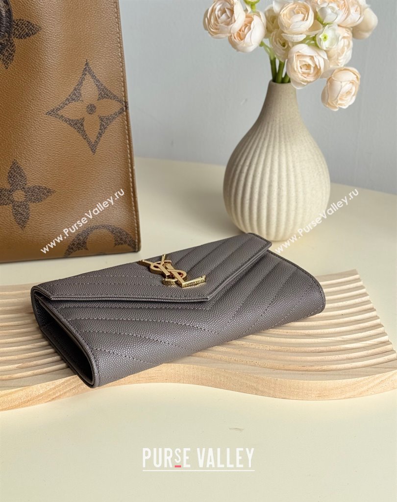 Saint Laurent Envelope Flap Long Wallet in Grained Leather Grey 2025 437469 (YY-250409053)
