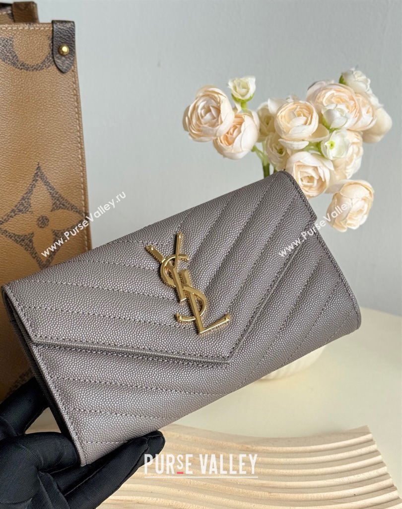 Saint Laurent Envelope Flap Long Wallet in Grained Leather Grey 2025 437469 (YY-250409053)