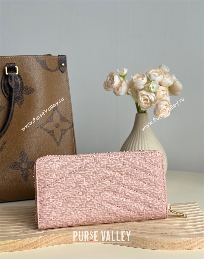 Saint Laurent Cassandre Matelasse Zip Around Wallet in Grained Leather 358094 Light Pink 2025 (YY-250409063)