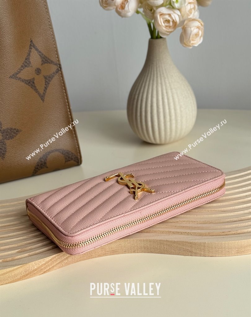 Saint Laurent Cassandre Matelasse Zip Around Wallet in Grained Leather 358094 Light Pink 2025 (YY-250409063)
