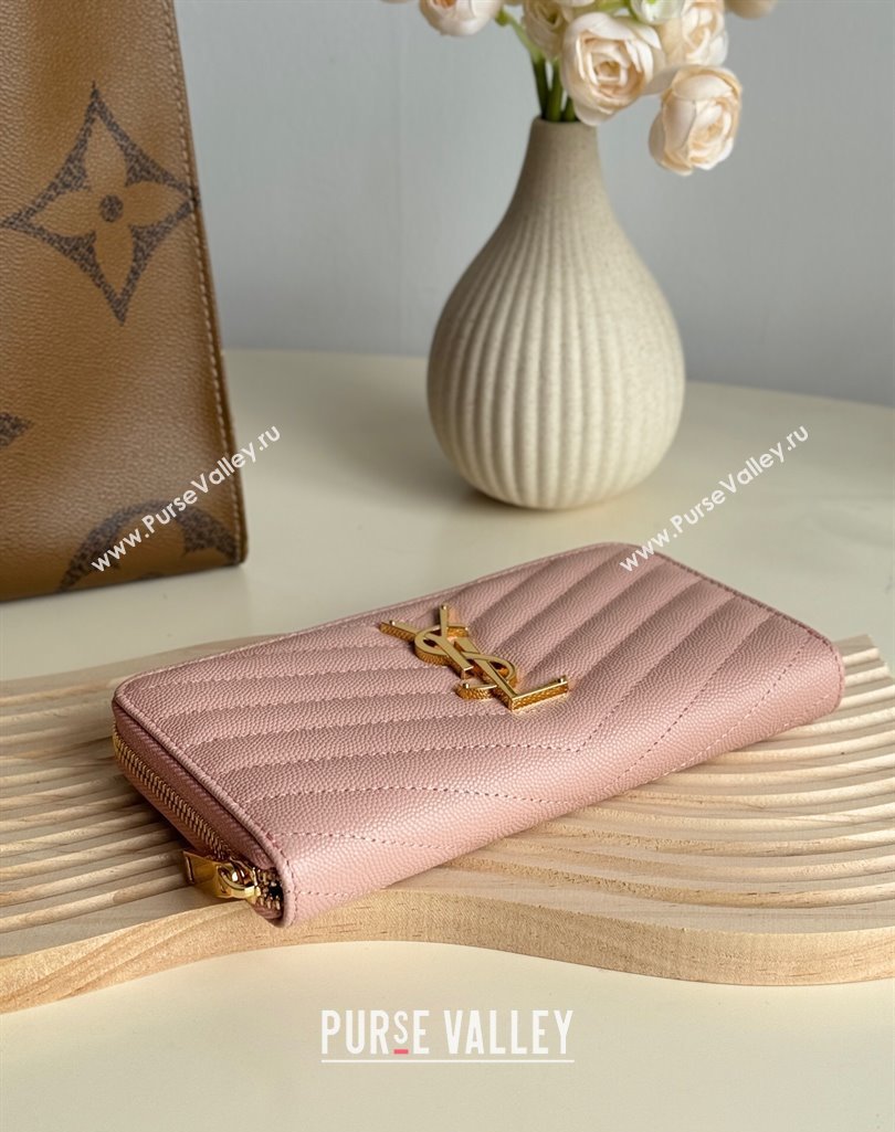 Saint Laurent Cassandre Matelasse Zip Around Wallet in Grained Leather 358094 Light Pink 2025 (YY-250409063)