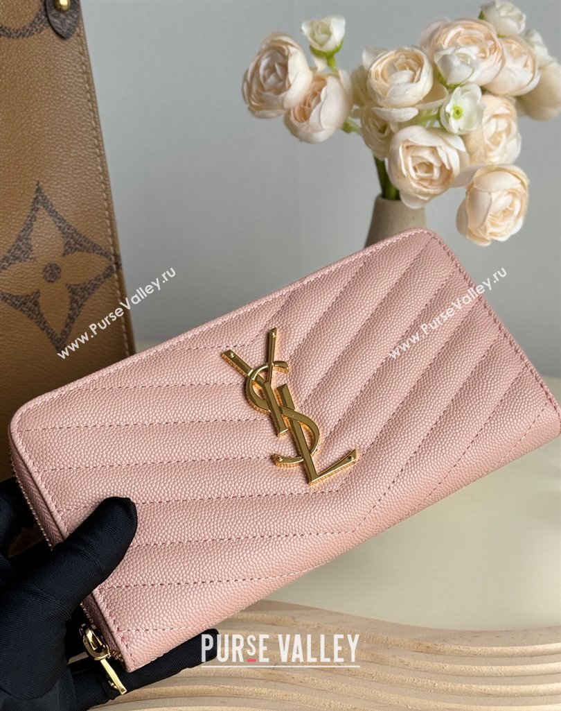 Saint Laurent Cassandre Matelasse Zip Around Wallet in Grained Leather 358094 Light Pink 2025 (YY-250409063)