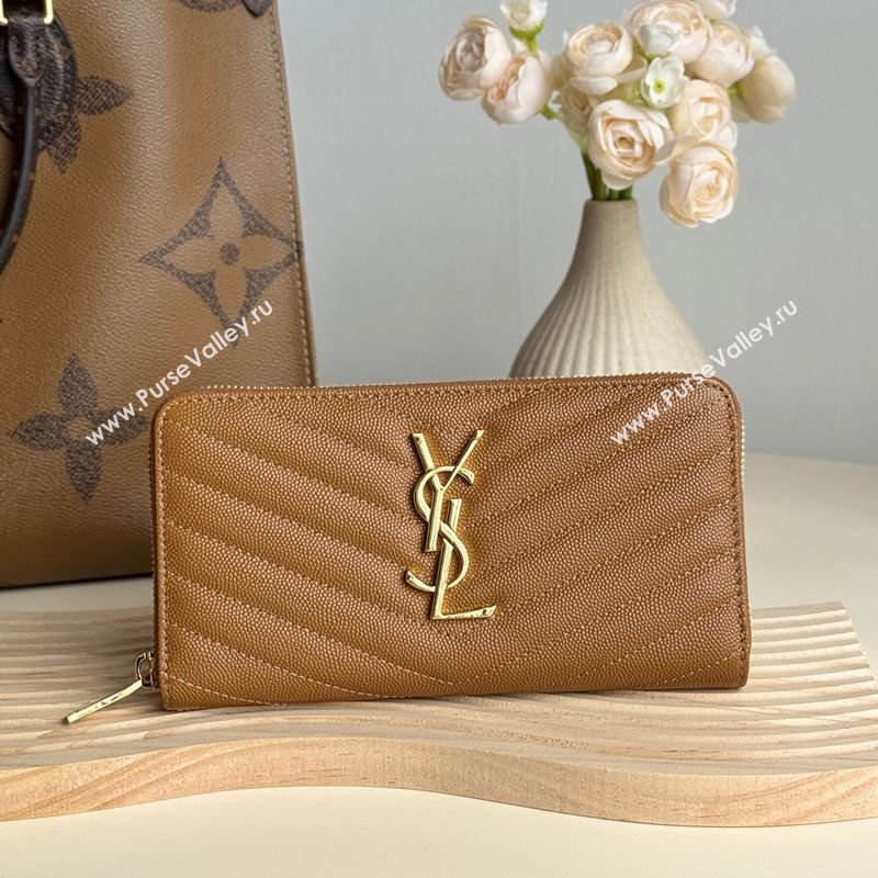 Saint Laurent Cassandre Matelasse Zip Around Wallet in Grained Leather 358094 Brown 2025 (YY-250409064)
