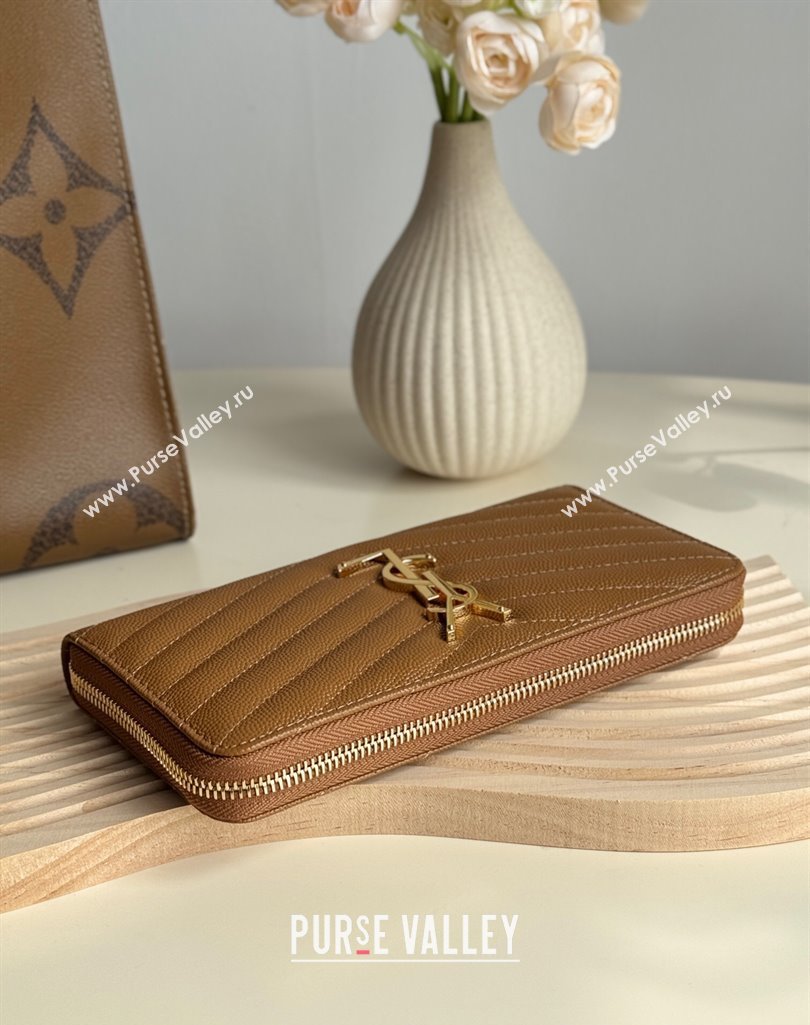 Saint Laurent Cassandre Matelasse Zip Around Wallet in Grained Leather 358094 Brown 2025 (YY-250409064)