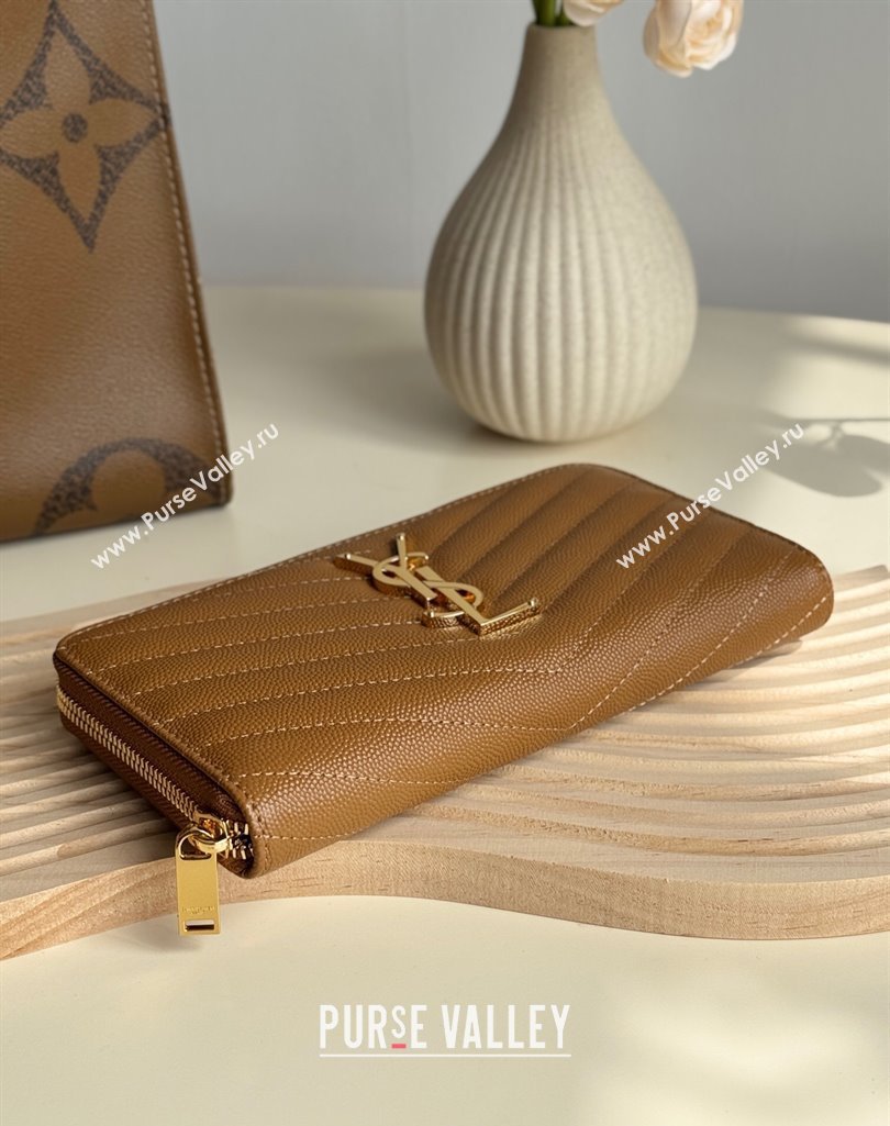Saint Laurent Cassandre Matelasse Zip Around Wallet in Grained Leather 358094 Brown 2025 (YY-250409064)
