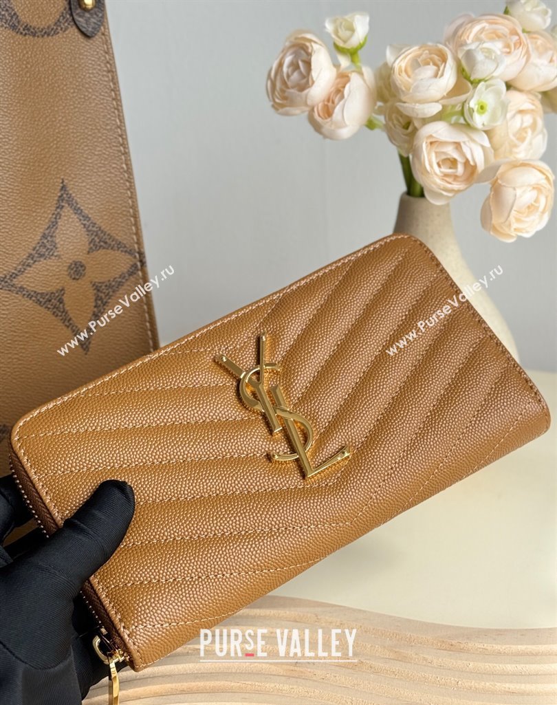 Saint Laurent Cassandre Matelasse Zip Around Wallet in Grained Leather 358094 Brown 2025 (YY-250409064)