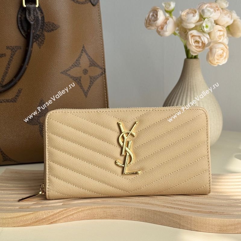 Saint Laurent Cassandre Matelasse Zip Around Wallet in Grained Leather 358094 Beige 2025 (YY-250409065)