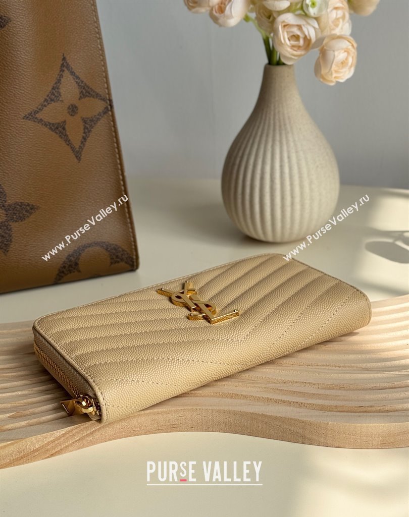 Saint Laurent Cassandre Matelasse Zip Around Wallet in Grained Leather 358094 Beige 2025 (YY-250409065)