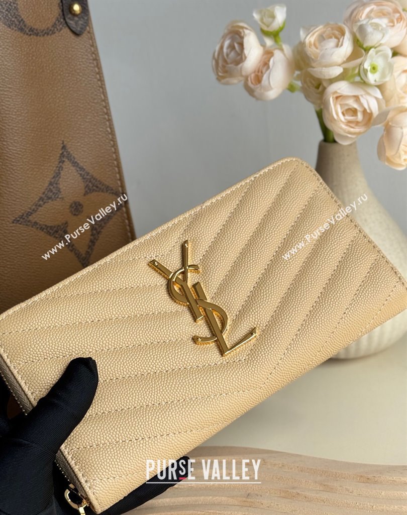 Saint Laurent Cassandre Matelasse Zip Around Wallet in Grained Leather 358094 Beige 2025 (YY-250409065)