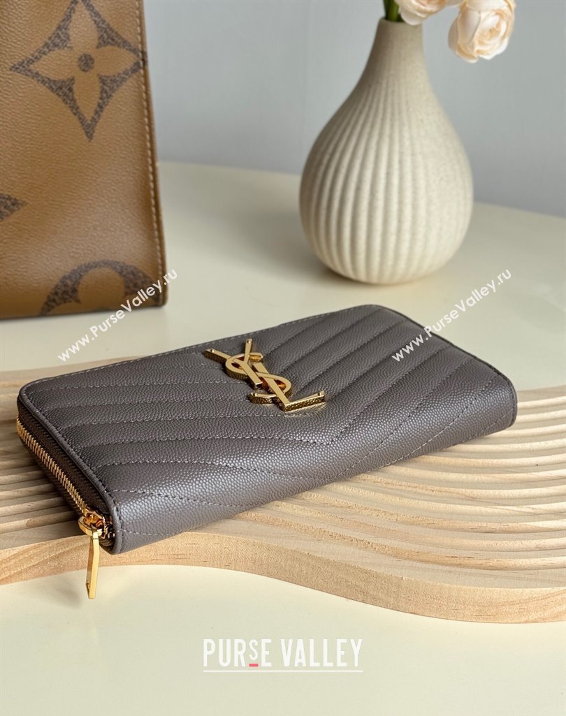 Saint Laurent Cassandre Matelasse Zip Around Wallet in Grained Leather 358094 Grey 2025 (YY-250409066)