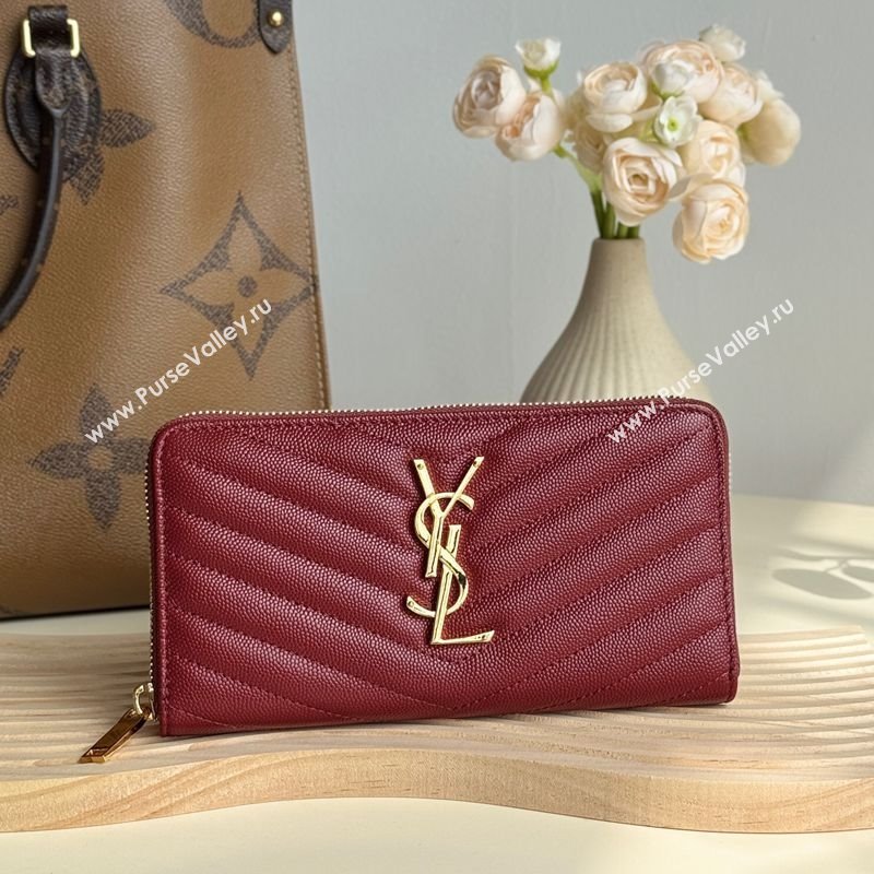 Saint Laurent Cassandre Matelasse Zip Around Wallet in Grained Leather 358094 Burgundy 2025 (YY-250409067)