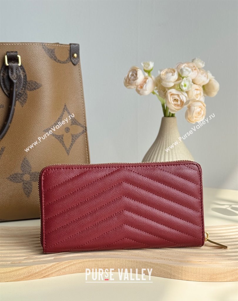 Saint Laurent Cassandre Matelasse Zip Around Wallet in Grained Leather 358094 Burgundy 2025 (YY-250409067)