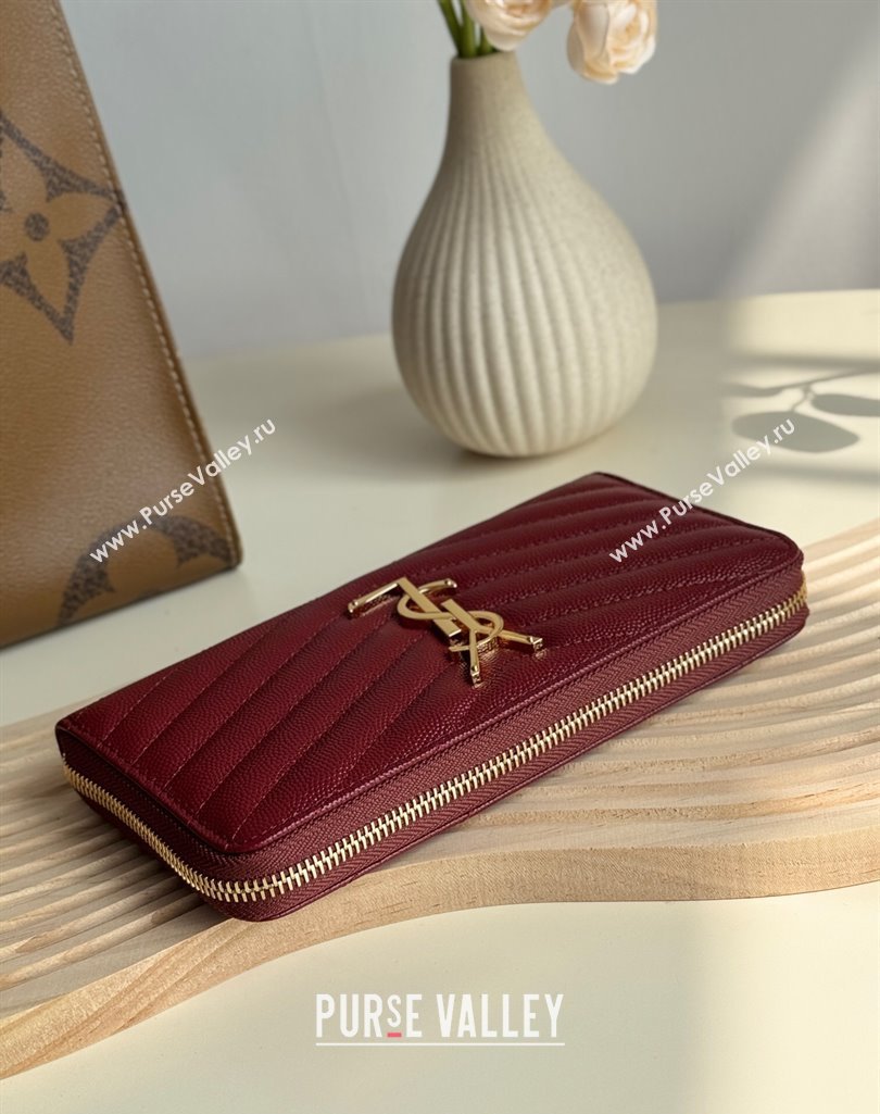 Saint Laurent Cassandre Matelasse Zip Around Wallet in Grained Leather 358094 Burgundy 2025 (YY-250409067)