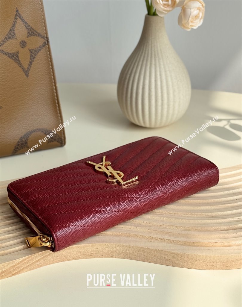 Saint Laurent Cassandre Matelasse Zip Around Wallet in Grained Leather 358094 Burgundy 2025 (YY-250409067)