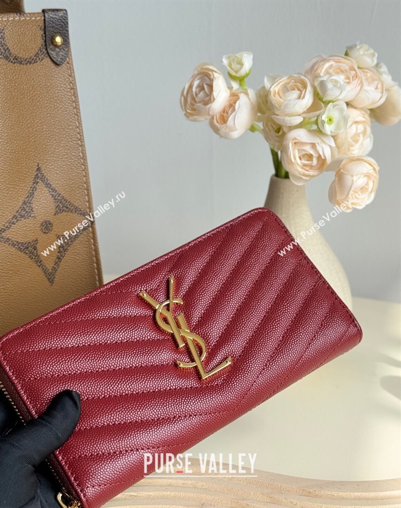 Saint Laurent Cassandre Matelasse Zip Around Wallet in Grained Leather 358094 Burgundy 2025 (YY-250409067)