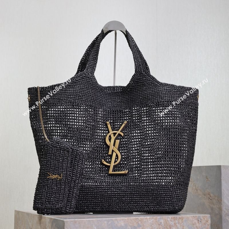 Saint Laurent Icare Maxi Shopping Bag in Woven Raffia Straw 698651 Black 2025 (YY-250409043)