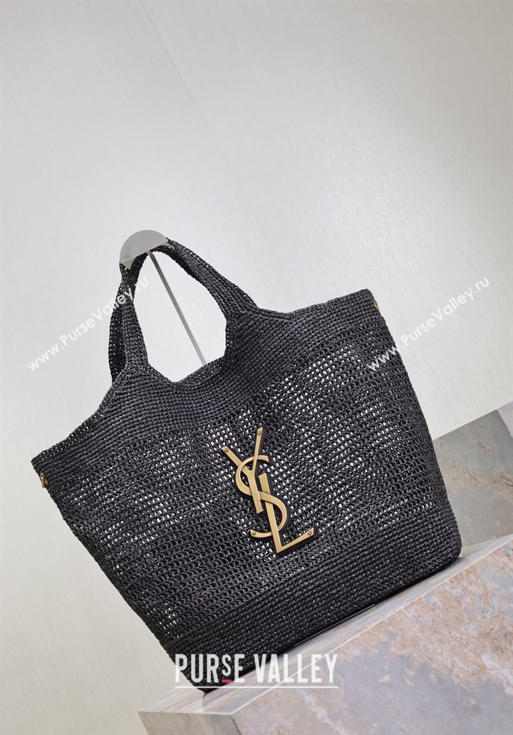 Saint Laurent Icare Maxi Shopping Bag in Woven Raffia Straw 698651 Black 2025 (YY-250409043)