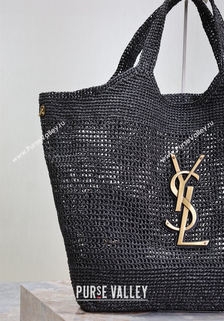 Saint Laurent Icare Maxi Shopping Bag in Woven Raffia Straw 698651 Black 2025 (YY-250409043)