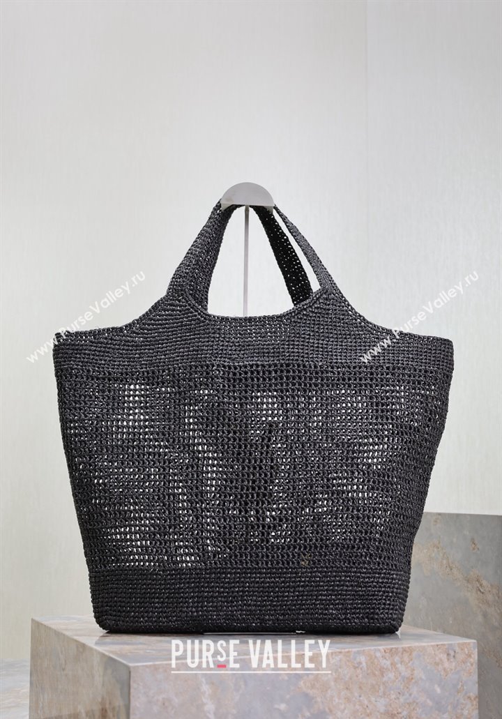 Saint Laurent Icare Maxi Shopping Bag in Woven Raffia Straw 698651 Black 2025 (YY-250409043)