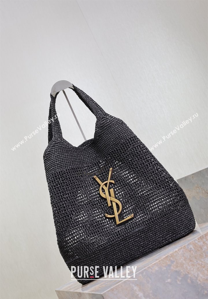 Saint Laurent Icare Maxi Shopping Bag in Woven Raffia Straw 698651 Black 2025 (YY-250409043)