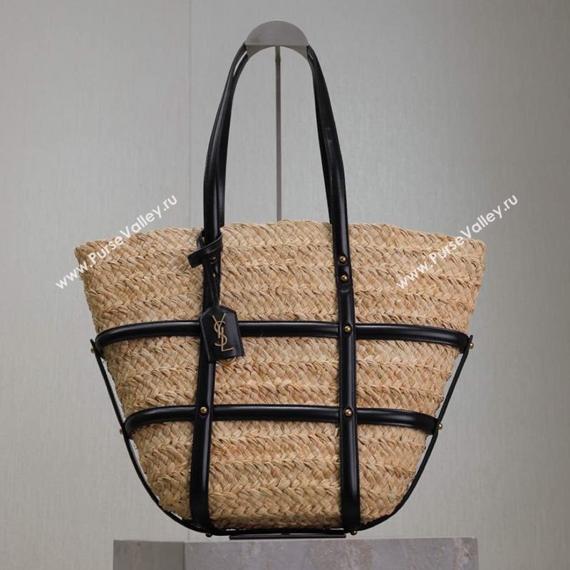 Saint Laurent Panier Straw Medium Basket Bag Beige/Black 2025 685634 (YY-250409044)