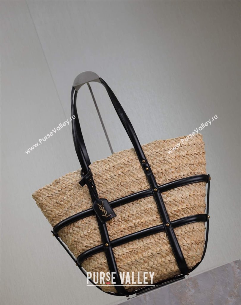 Saint Laurent Panier Straw Medium Basket Bag Beige/Black 2025 685634 (YY-250409044)