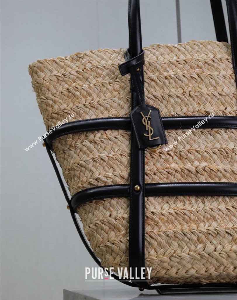Saint Laurent Panier Straw Medium Basket Bag Beige/Black 2025 685634 (YY-250409044)