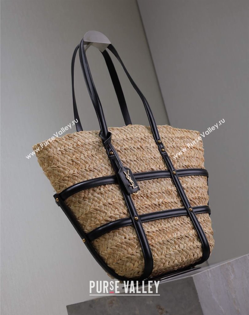 Saint Laurent Panier Straw Medium Basket Bag Beige/Black 2025 685634 (YY-250409044)