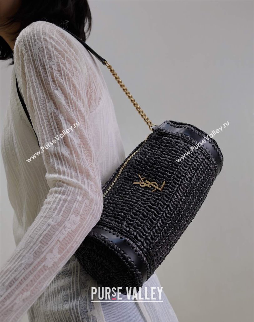 Saint Laurent Sade Mini Tube Bag in Raffia Straw Black 2025 699704 (YY-250409099)