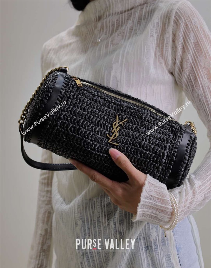 Saint Laurent Sade Mini Tube Bag in Raffia Straw Black 2025 699704 (YY-250409099)