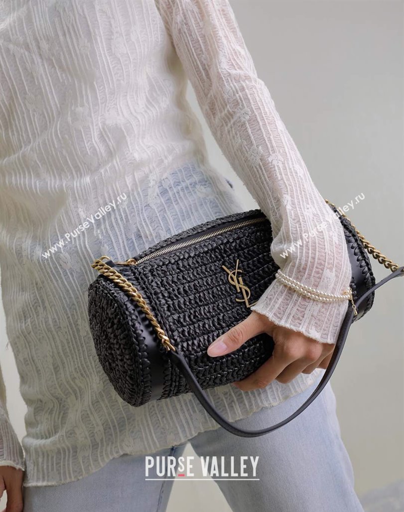 Saint Laurent Sade Mini Tube Bag in Raffia Straw Black 2025 699704 (YY-250409099)