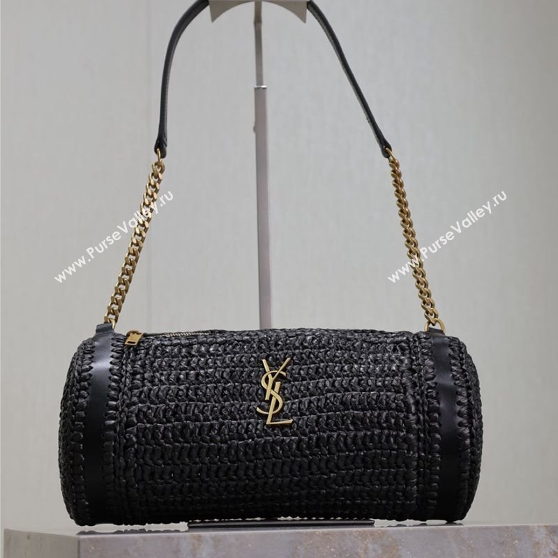 Saint Laurent Sade Mini Tube Bag in Raffia Straw Black 2025 699704 (YY-250409099)