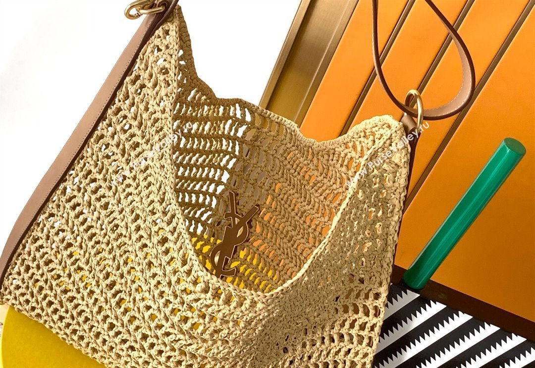 Saint Laurent Oxalis Shoulder Bag in Raffia Straw Crochet Net Brown 2025 773984 (YY-250409045)