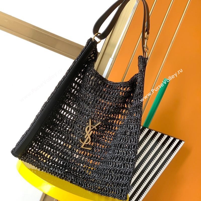 Saint Laurent Oxalis Shoulder Bag in Raffia Straw Crochet Net Black 2025 773984 (YY-250409046)