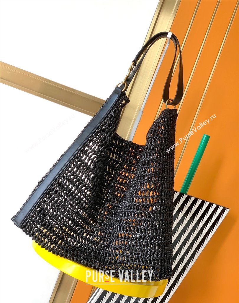Saint Laurent Oxalis Shoulder Bag in Raffia Straw Crochet Net Black 2025 773984 (YY-250409046)