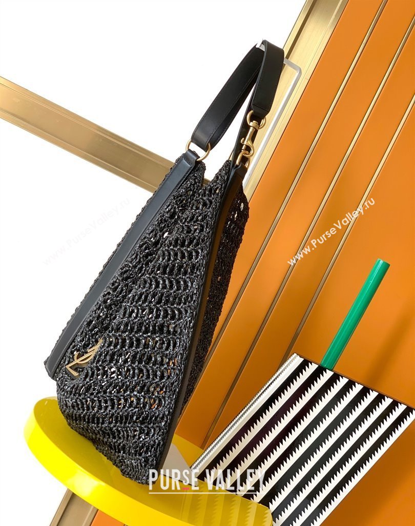 Saint Laurent Oxalis Shoulder Bag in Raffia Straw Crochet Net Black 2025 773984 (YY-250409046)