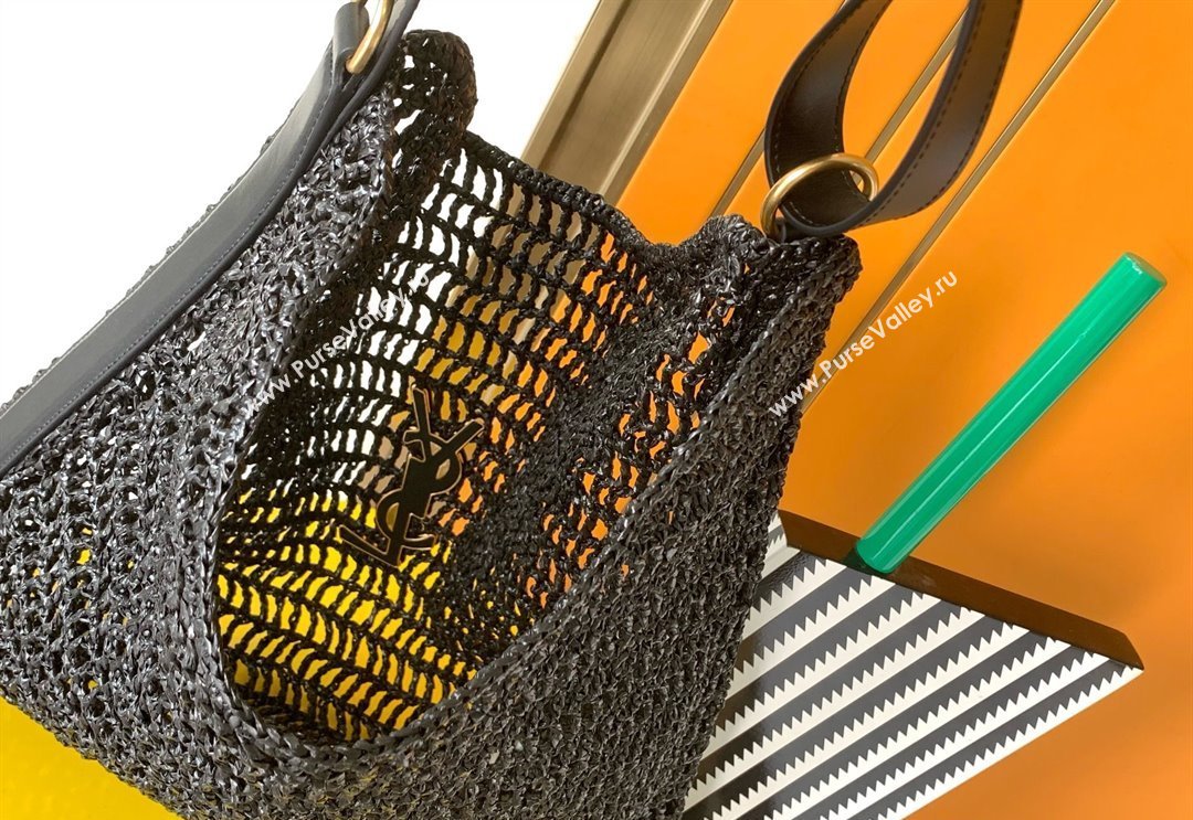 Saint Laurent Oxalis Shoulder Bag in Raffia Straw Crochet Net Black 2025 773984 (YY-250409046)
