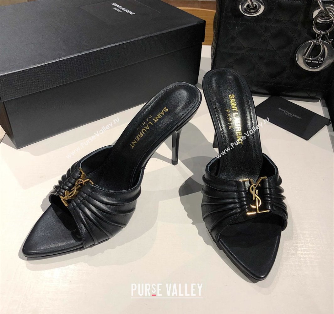 Saint Laurent Babylone Heel Slides Sandal 10.5cm in Calf Leather with Framed YSL Black 2025 (MD-250424009)