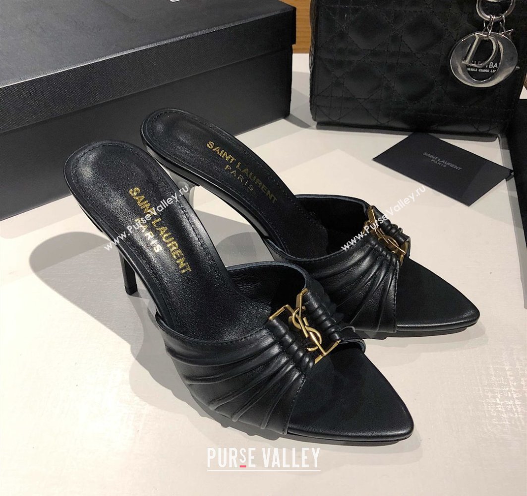 Saint Laurent Babylone Heel Slides Sandal 10.5cm in Calf Leather with Framed YSL Black 2025 (MD-250424009)