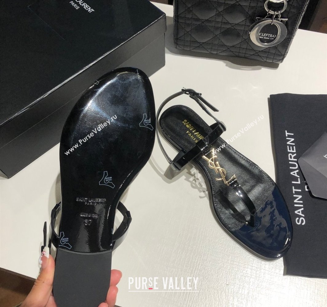 Saint Laurent Cassandra Flat Thong Sandals in Patent Leather Black/Gold 2025 0424 (MD-250424001)